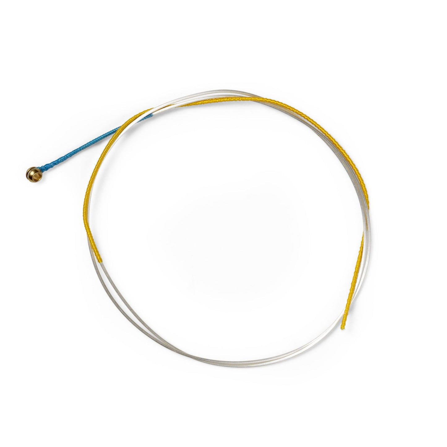 Thin metal cable with a blue and gold connector on a white background