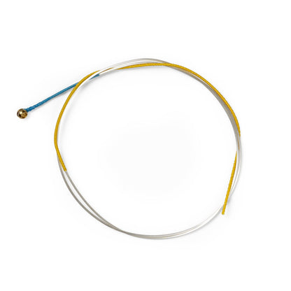 Thin metal cable with a blue and gold connector on a white background